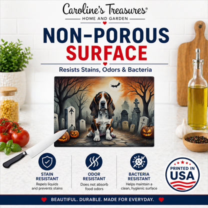 Caroline's Treasures DAC2010LCB Basset Hound Spooky Halloween Glass Cutting Board Large Decorative Tempered Glass Kitchen Cutting and Serving Board Large Size Chopping Board
