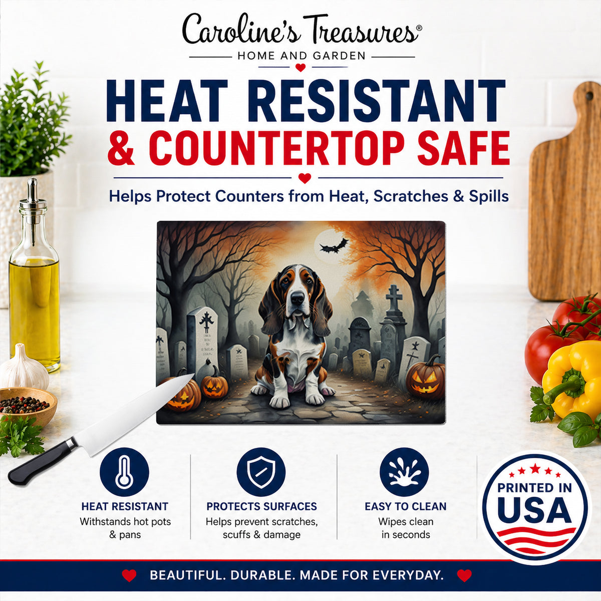 Caroline's Treasures DAC2010LCB Basset Hound Spooky Halloween Glass Cutting Board Large Decorative Tempered Glass Kitchen Cutting and Serving Board Large Size Chopping Board