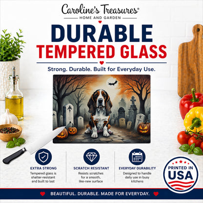 Caroline's Treasures DAC2010LCB Basset Hound Spooky Halloween Glass Cutting Board Large Decorative Tempered Glass Kitchen Cutting and Serving Board Large Size Chopping Board