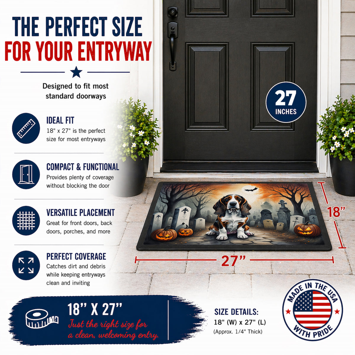 Caroline's Treasures DAC2010MAT Basset Hound Spooky Halloween Doormat 18x27 Front Door Mat Indoor Outdoor Rugs for Entryway, Non Slip Washable Low Pile, 18H X 27W
