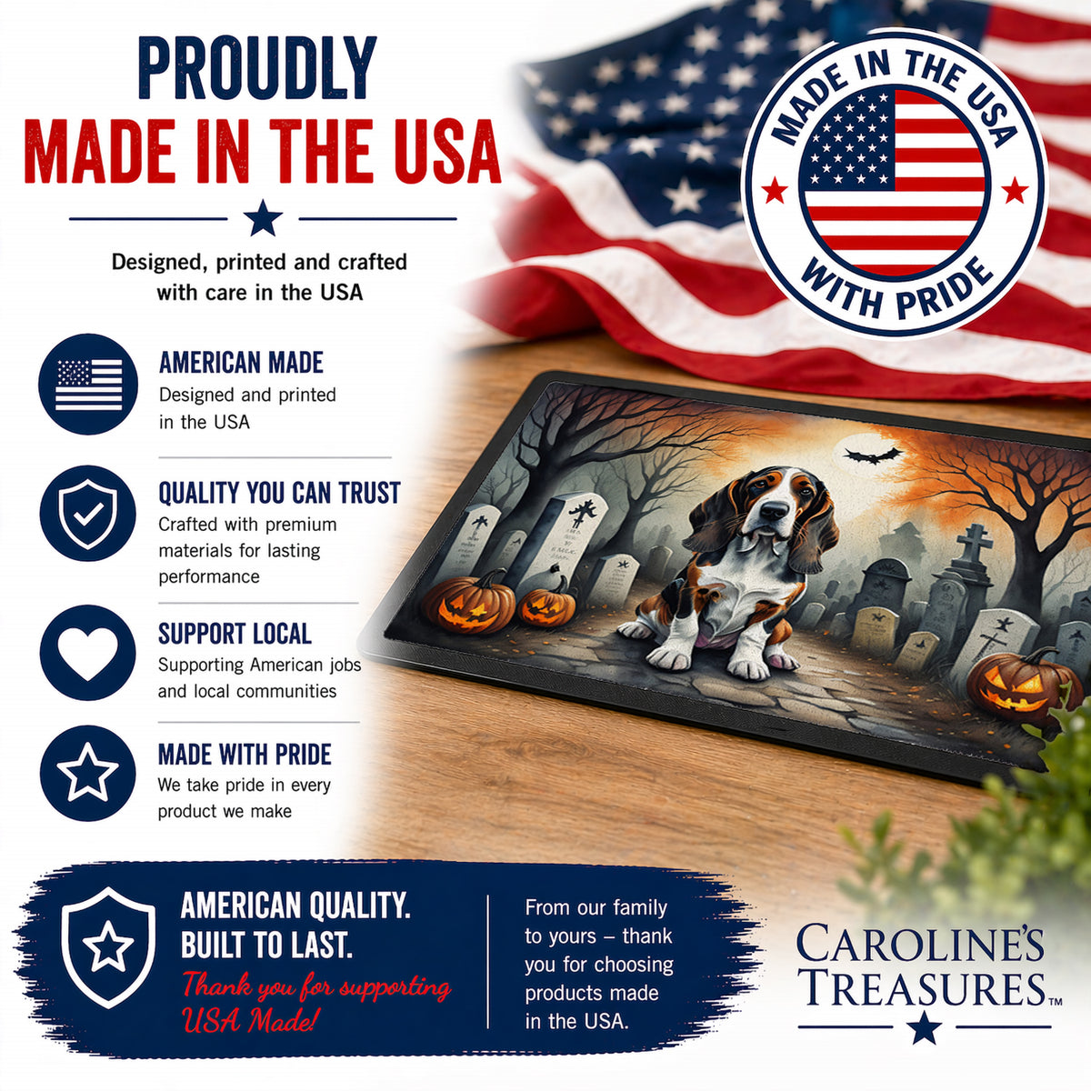 Caroline's Treasures DAC2010MAT Basset Hound Spooky Halloween Doormat 18x27 Front Door Mat Indoor Outdoor Rugs for Entryway, Non Slip Washable Low Pile, 18H X 27W