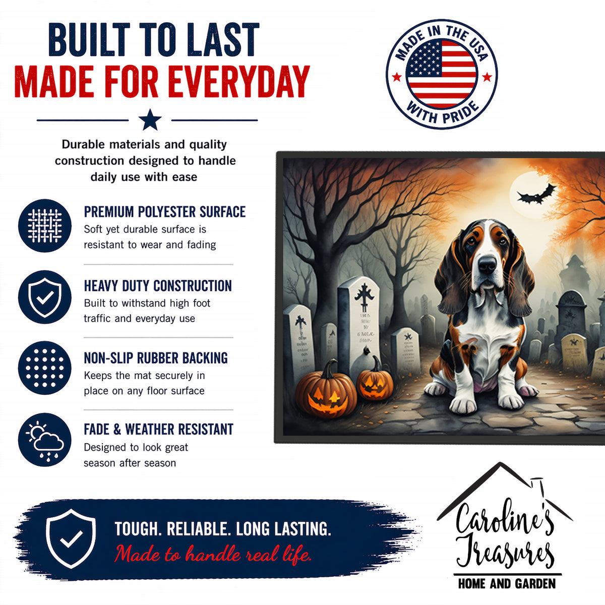 Caroline's Treasures DAC2010MAT Basset Hound Spooky Halloween Doormat 18x27 Front Door Mat Indoor Outdoor Rugs for Entryway, Non Slip Washable Low Pile, 18H X 27W