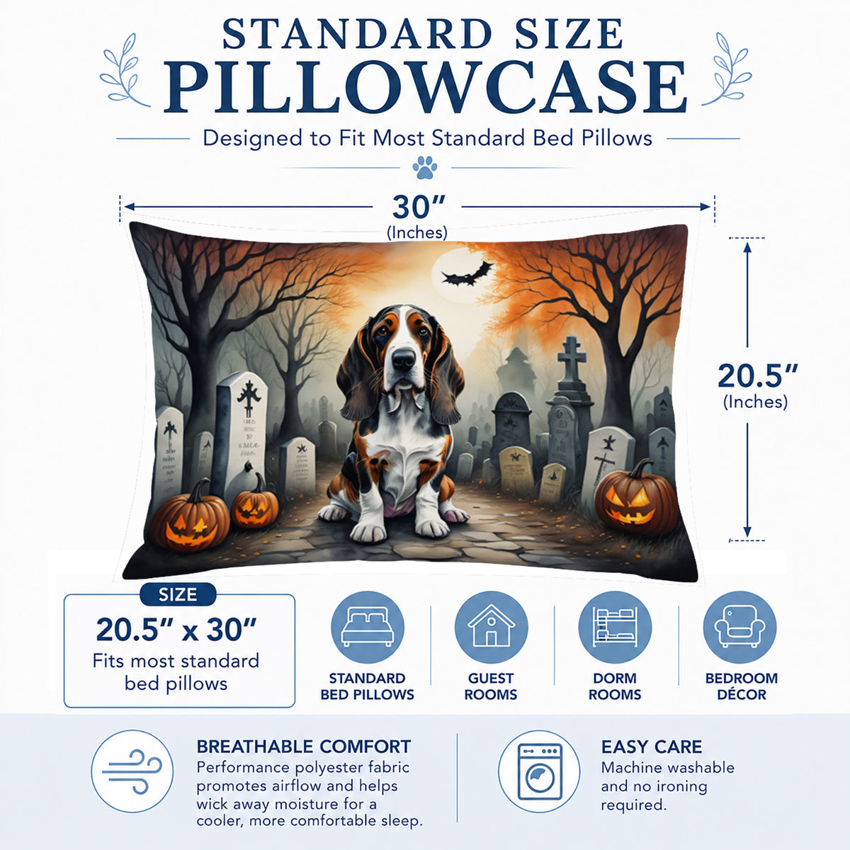 Caroline's Treasures DAC2010PILLOWCASE Basset Hound Spooky Halloween Fabric Standard Pillowcase Lightweight Super Soft Easy Care Decorative Artwork Pillowcase, Standard