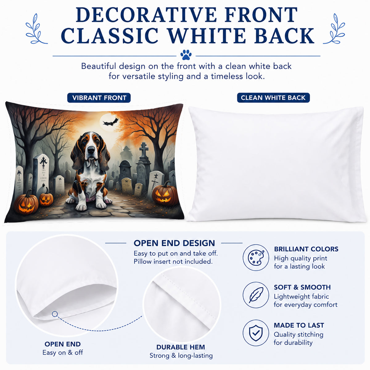 Caroline's Treasures DAC2010PILLOWCASE Basset Hound Spooky Halloween Fabric Standard Pillowcase Lightweight Super Soft Easy Care Decorative Artwork Pillowcase, Standard