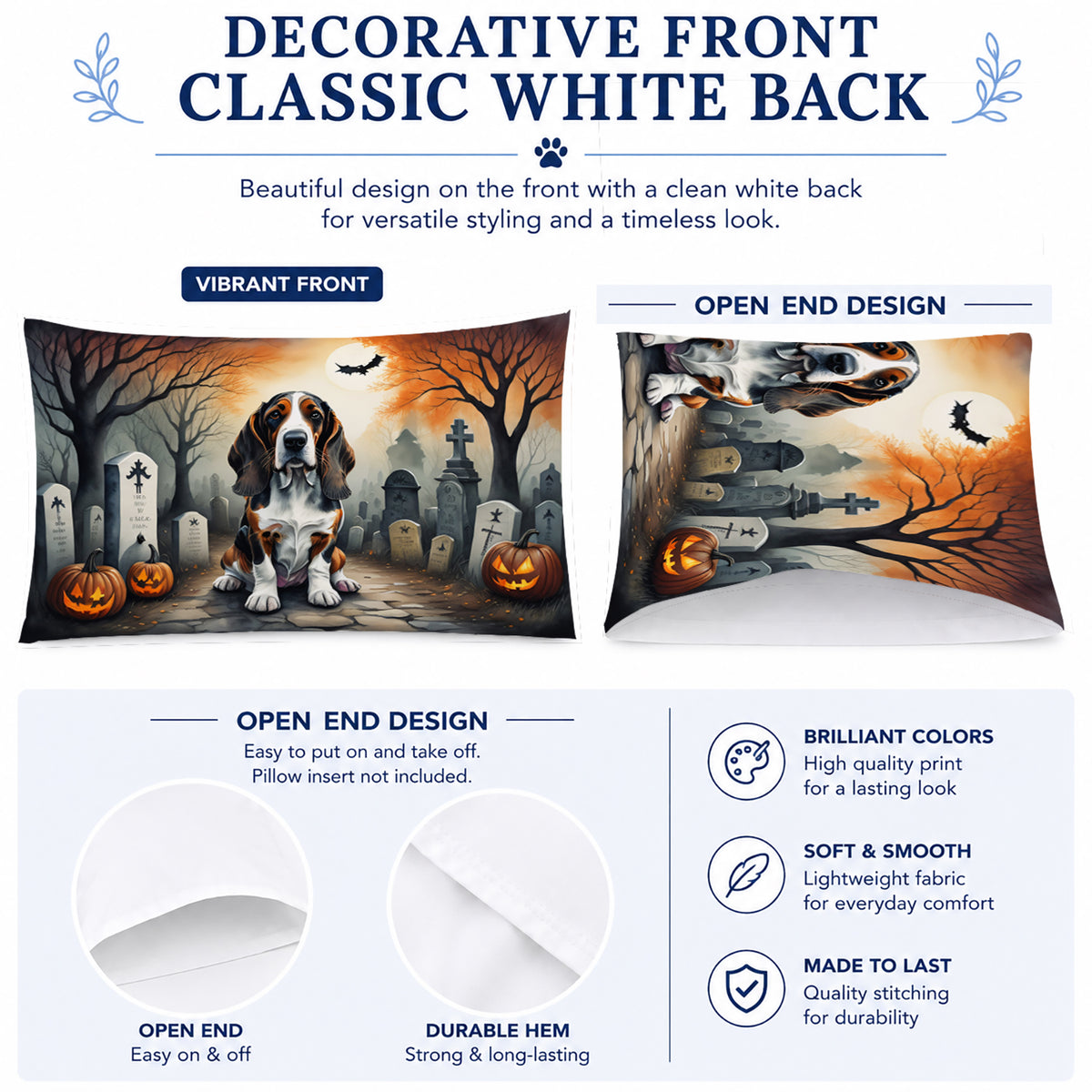 Caroline's Treasures DAC2010PILLOWCASE Basset Hound Spooky Halloween Fabric Standard Pillowcase Lightweight Super Soft Easy Care Decorative Artwork Pillowcase, Standard
