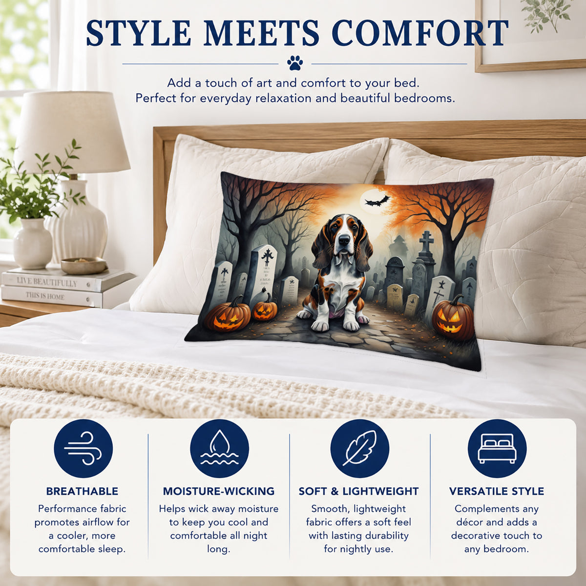 Caroline's Treasures DAC2010PILLOWCASE Basset Hound Spooky Halloween Fabric Standard Pillowcase Lightweight Super Soft Easy Care Decorative Artwork Pillowcase, Standard