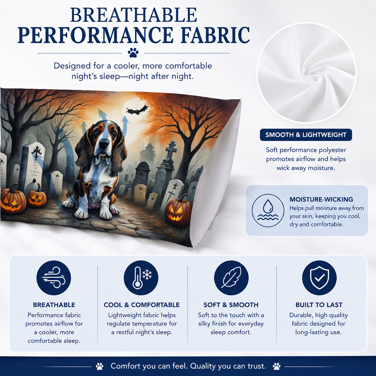 Caroline's Treasures DAC2010PILLOWCASE Basset Hound Spooky Halloween Fabric Standard Pillowcase Lightweight Super Soft Easy Care Decorative Artwork Pillowcase, Standard