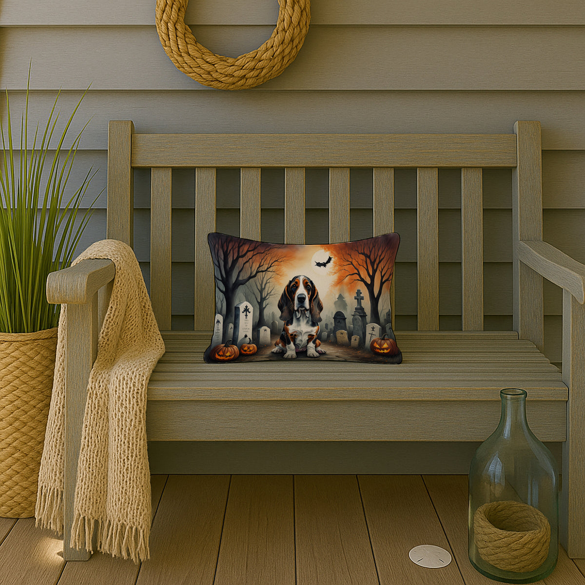 Caroline's Treasures DAC2010PW1216 Basset Hound Spooky Halloween Fabric Decorative Pillow Machine Washable, Indoor Outdoor Decorative Pillow for Couch, Bed or Patio, 12HX16W