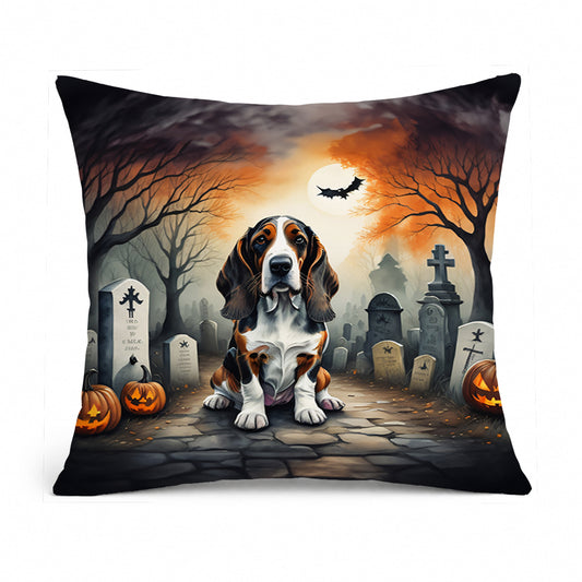 Caroline's Treasures DAC2010PW1414 Basset Hound Spooky Halloween Fabric Decorative Pillow Machine Washable, Indoor Outdoor Decorative Pillow for Couch, Bed or Patio, 14Hx14W