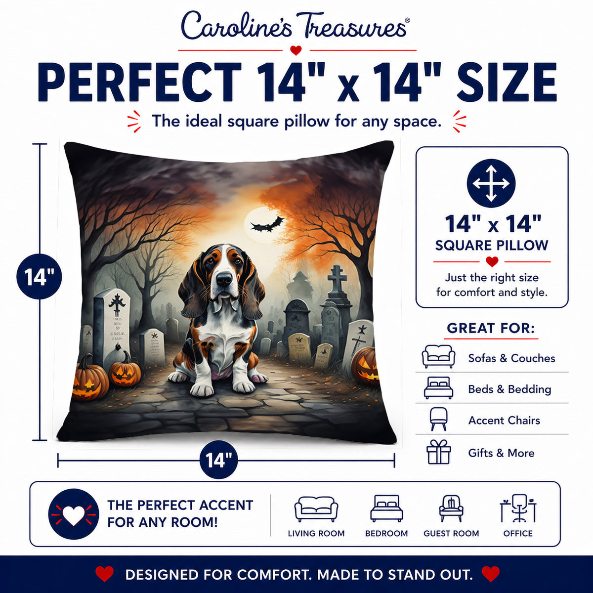 Caroline's Treasures DAC2010PW1414 Basset Hound Spooky Halloween Fabric Decorative Pillow Machine Washable, Indoor Outdoor Decorative Pillow for Couch, Bed or Patio, 14Hx14W