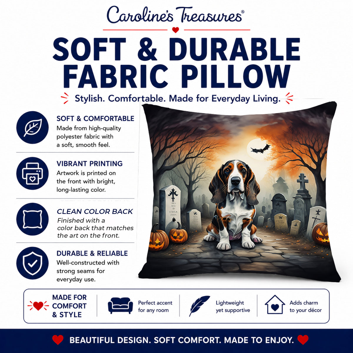Caroline's Treasures DAC2010PW1818 Basset Hound Spooky Halloween Fabric Decorative Pillow Machine Washable, Indoor Outdoor Decorative Pillow for Couch, Bed or Patio, 18Hx18W