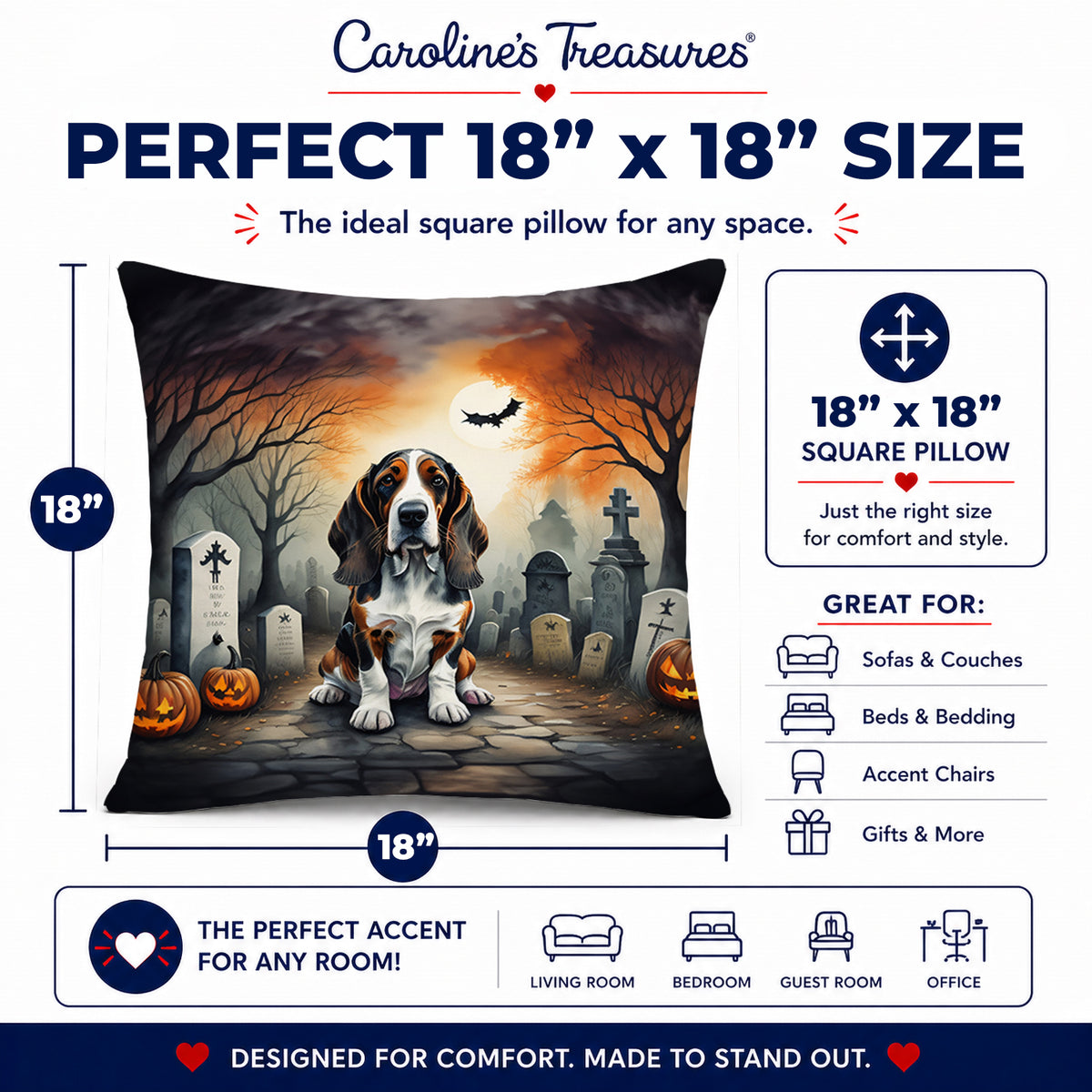 Caroline's Treasures DAC2010PW1818 Basset Hound Spooky Halloween Fabric Decorative Pillow Machine Washable, Indoor Outdoor Decorative Pillow for Couch, Bed or Patio, 18Hx18W