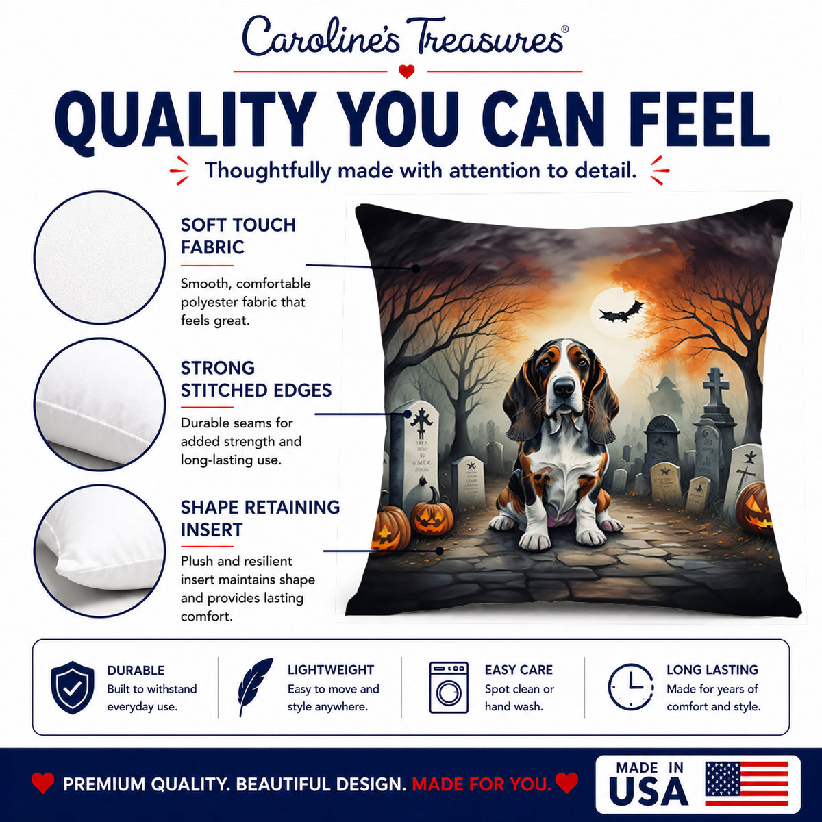 Caroline's Treasures DAC2010PW1818 Basset Hound Spooky Halloween Fabric Decorative Pillow Machine Washable, Indoor Outdoor Decorative Pillow for Couch, Bed or Patio, 18Hx18W