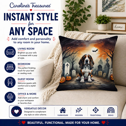 Caroline's Treasures DAC2010PW1818 Basset Hound Spooky Halloween Fabric Decorative Pillow Machine Washable, Indoor Outdoor Decorative Pillow for Couch, Bed or Patio, 18Hx18W
