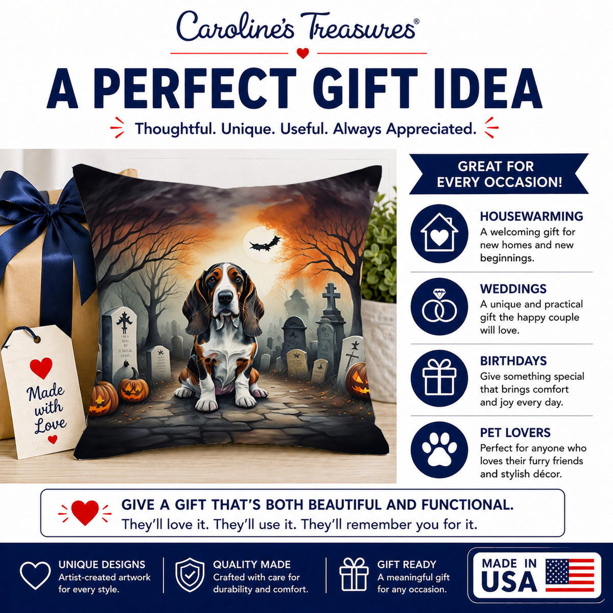 Caroline's Treasures DAC2010PW1818 Basset Hound Spooky Halloween Fabric Decorative Pillow Machine Washable, Indoor Outdoor Decorative Pillow for Couch, Bed or Patio, 18Hx18W