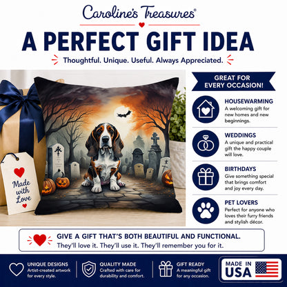 Caroline's Treasures DAC2010PW1818 Basset Hound Spooky Halloween Fabric Decorative Pillow Machine Washable, Indoor Outdoor Decorative Pillow for Couch, Bed or Patio, 18Hx18W