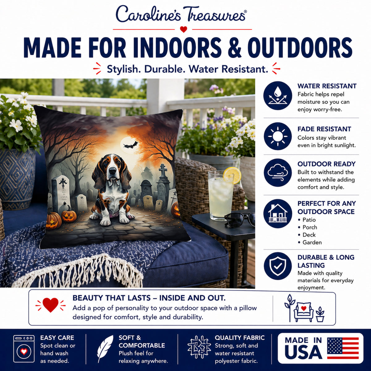 Caroline's Treasures DAC2010PW1818 Basset Hound Spooky Halloween Fabric Decorative Pillow Machine Washable, Indoor Outdoor Decorative Pillow for Couch, Bed or Patio, 18Hx18W