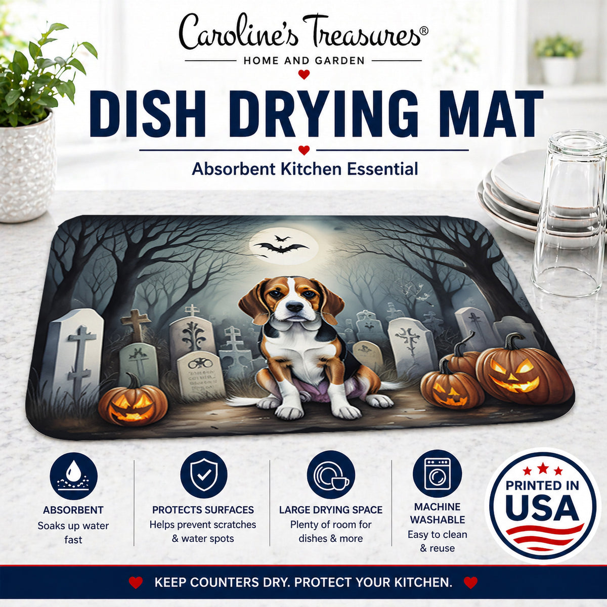 Caroline's Treasures DAC2011DDM Beagle Spooky Halloween Dish Drying Mat Absorbent Dish Drying Mat Pad for Kitchen Counter Dish Drainer Mat for Countertop, 14 x 21, Multicolor