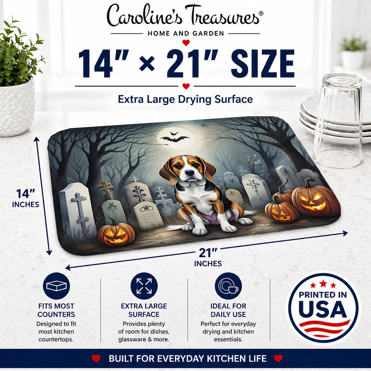 Caroline's Treasures DAC2011DDM Beagle Spooky Halloween Dish Drying Mat Absorbent Dish Drying Mat Pad for Kitchen Counter Dish Drainer Mat for Countertop, 14 x 21, Multicolor