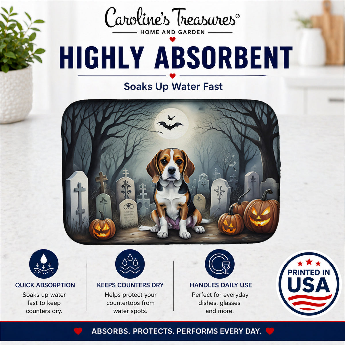 Caroline's Treasures DAC2011DDM Beagle Spooky Halloween Dish Drying Mat Absorbent Dish Drying Mat Pad for Kitchen Counter Dish Drainer Mat for Countertop, 14 x 21, Multicolor