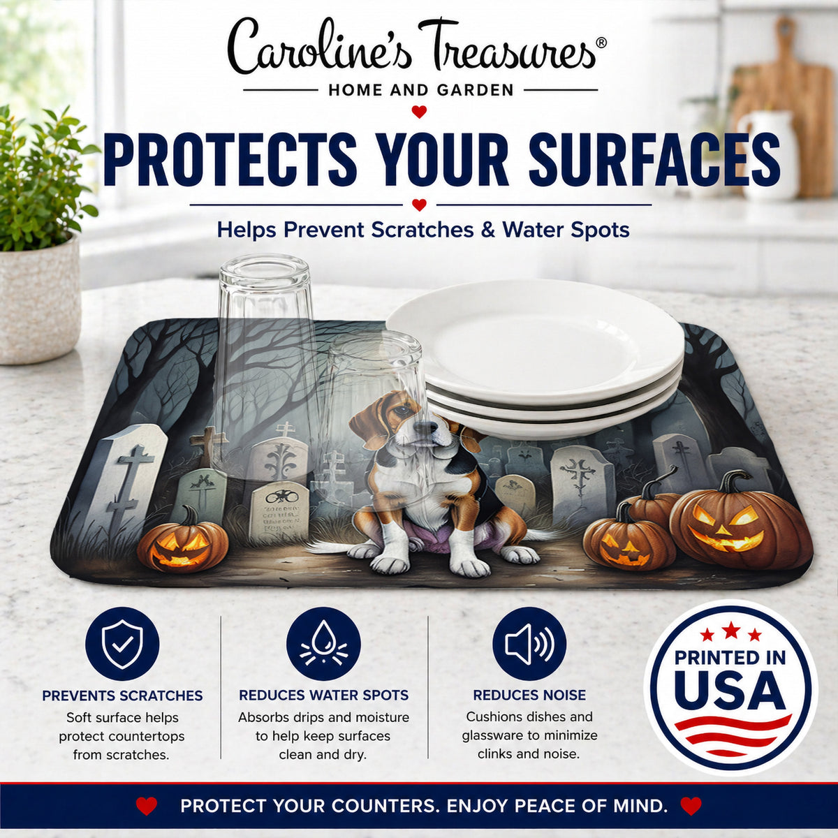 Caroline's Treasures DAC2011DDM Beagle Spooky Halloween Dish Drying Mat Absorbent Dish Drying Mat Pad for Kitchen Counter Dish Drainer Mat for Countertop, 14 x 21, Multicolor