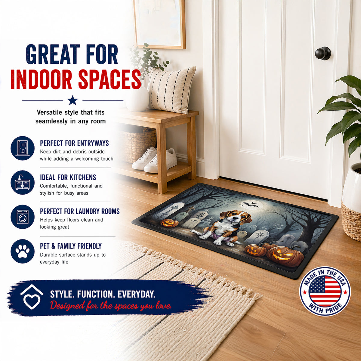 Caroline's Treasures DAC2011JMAT Beagle Spooky Halloween Indoor or Outdoor Mat 24x36 Front Door Mat Indoor Outdoor Rugs for Entryway, Non Slip Washable Low Pile, 24H X 36W