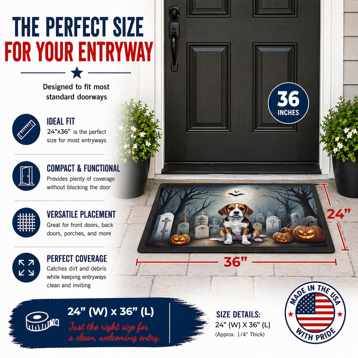 Caroline's Treasures DAC2011JMAT Beagle Spooky Halloween Indoor or Outdoor Mat 24x36 Front Door Mat Indoor Outdoor Rugs for Entryway, Non Slip Washable Low Pile, 24H X 36W