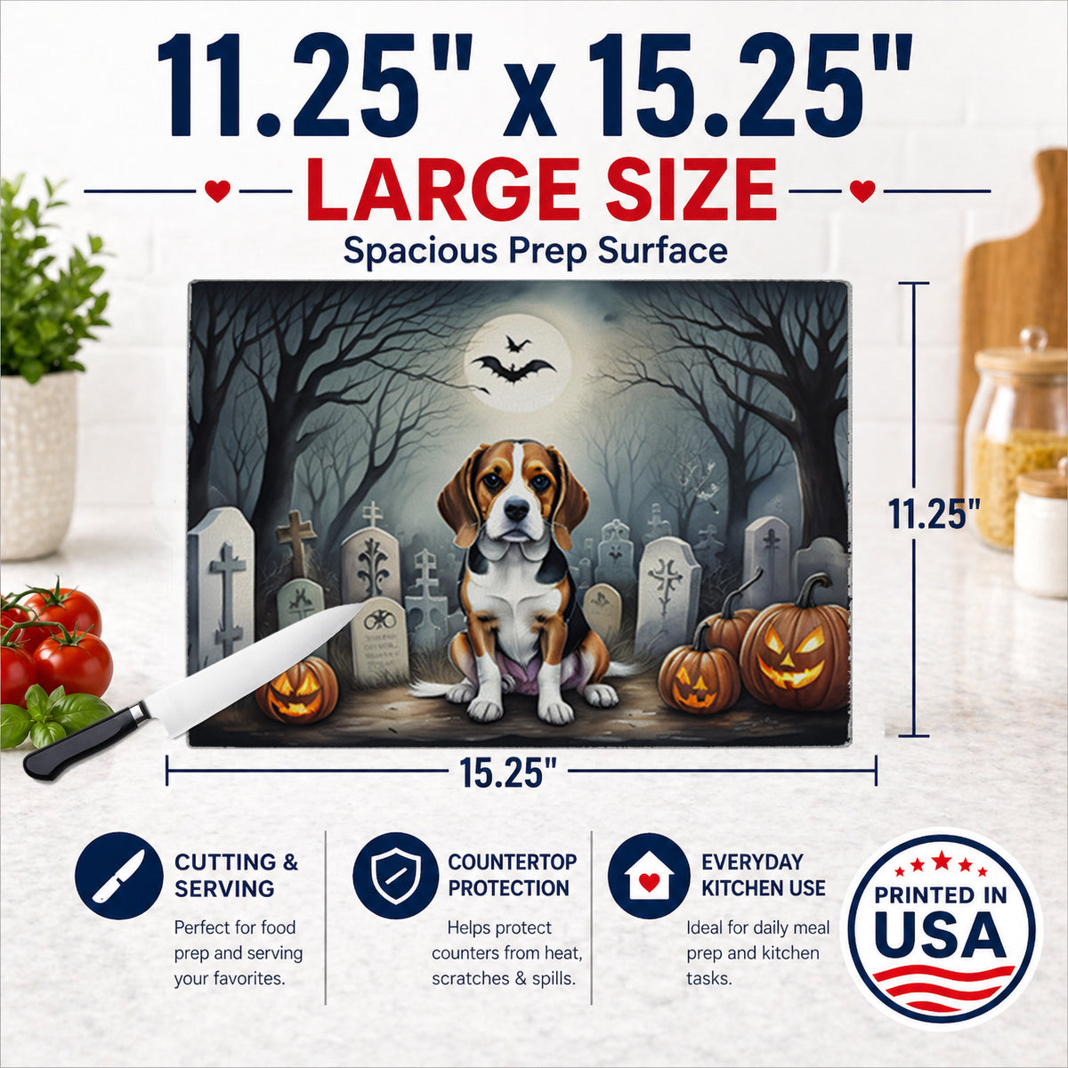 Caroline's Treasures DAC2011LCB Beagle Spooky Halloween Glass Cutting Board Large Decorative Tempered Glass Kitchen Cutting and Serving Board Large Size Chopping Board