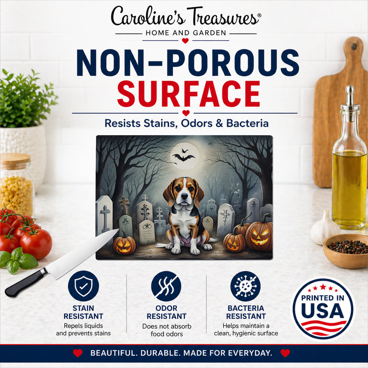 Caroline's Treasures DAC2011LCB Beagle Spooky Halloween Glass Cutting Board Large Decorative Tempered Glass Kitchen Cutting and Serving Board Large Size Chopping Board