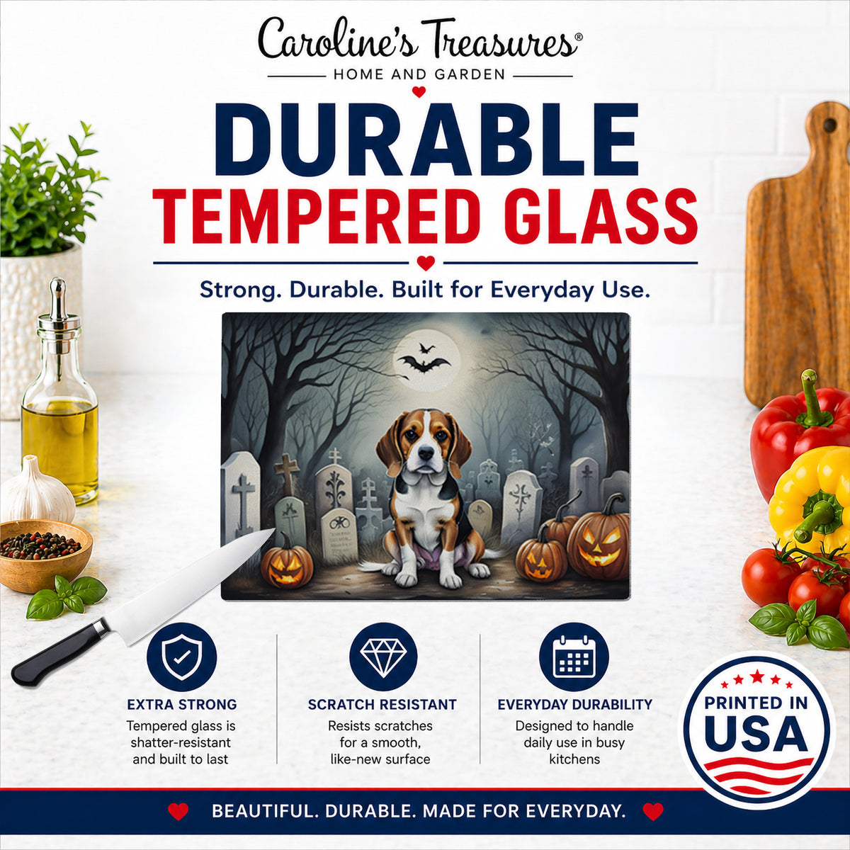 Caroline's Treasures DAC2011LCB Beagle Spooky Halloween Glass Cutting Board Large Decorative Tempered Glass Kitchen Cutting and Serving Board Large Size Chopping Board