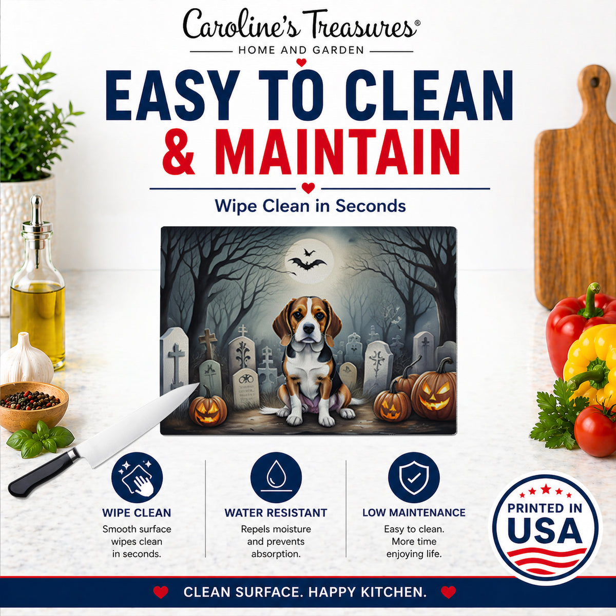 Caroline's Treasures DAC2011LCB Beagle Spooky Halloween Glass Cutting Board Large Decorative Tempered Glass Kitchen Cutting and Serving Board Large Size Chopping Board