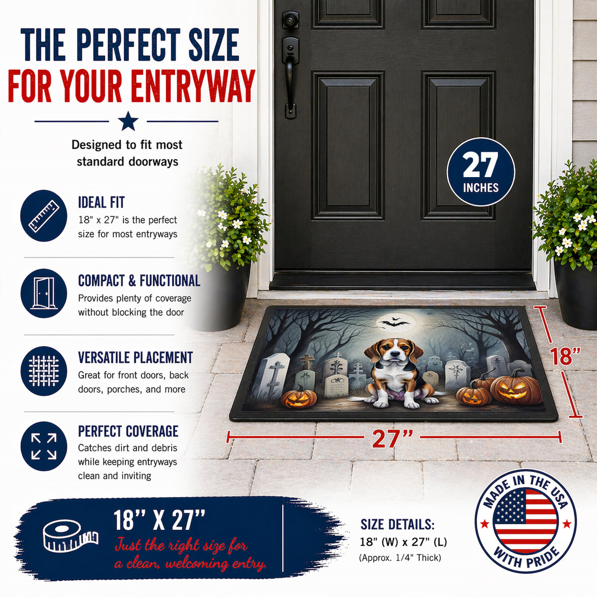 Caroline's Treasures DAC2011MAT Beagle Spooky Halloween Doormat 18x27 Front Door Mat Indoor Outdoor Rugs for Entryway, Non Slip Washable Low Pile, 18H X 27W
