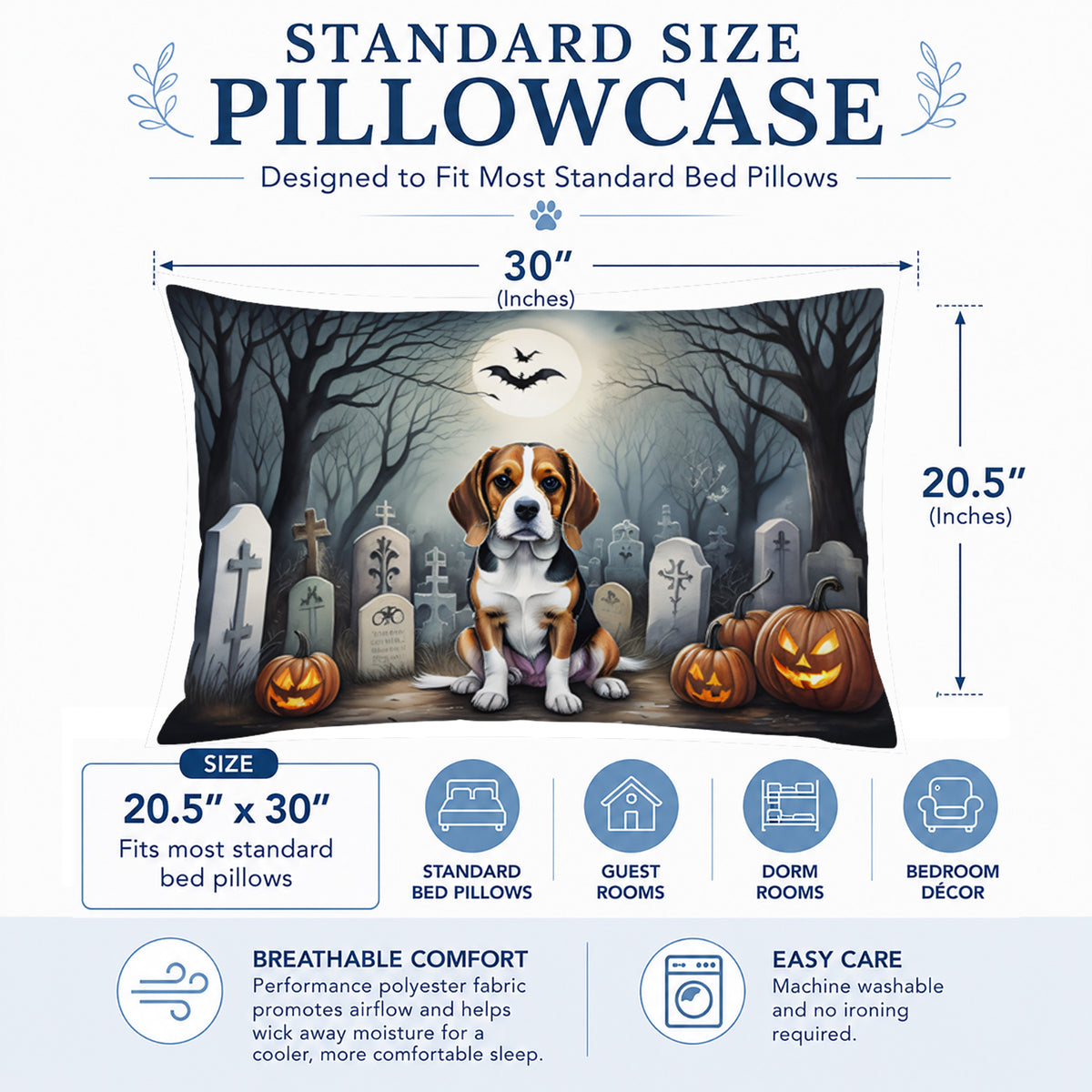 Caroline's Treasures DAC2011PILLOWCASE Beagle Spooky Halloween Fabric Standard Pillowcase Lightweight Super Soft Easy Care Decorative Artwork Pillowcase, Standard