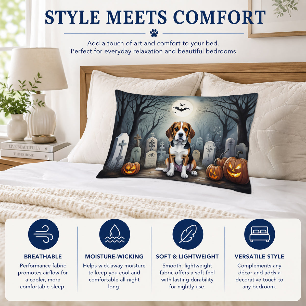 Caroline's Treasures DAC2011PILLOWCASE Beagle Spooky Halloween Fabric Standard Pillowcase Lightweight Super Soft Easy Care Decorative Artwork Pillowcase, Standard