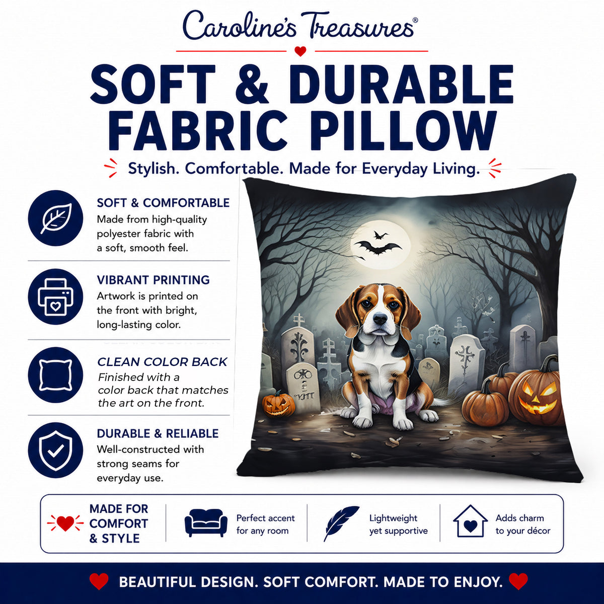 Caroline's Treasures DAC2011PW1414 Beagle Spooky Halloween Fabric Decorative Pillow Machine Washable, Indoor Outdoor Decorative Pillow for Couch, Bed or Patio, 14Hx14W