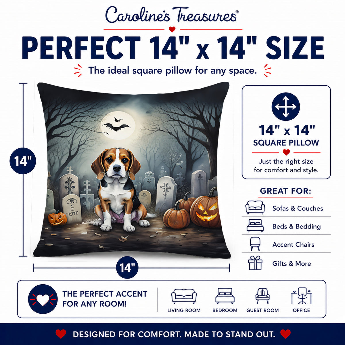 Caroline's Treasures DAC2011PW1414 Beagle Spooky Halloween Fabric Decorative Pillow Machine Washable, Indoor Outdoor Decorative Pillow for Couch, Bed or Patio, 14Hx14W