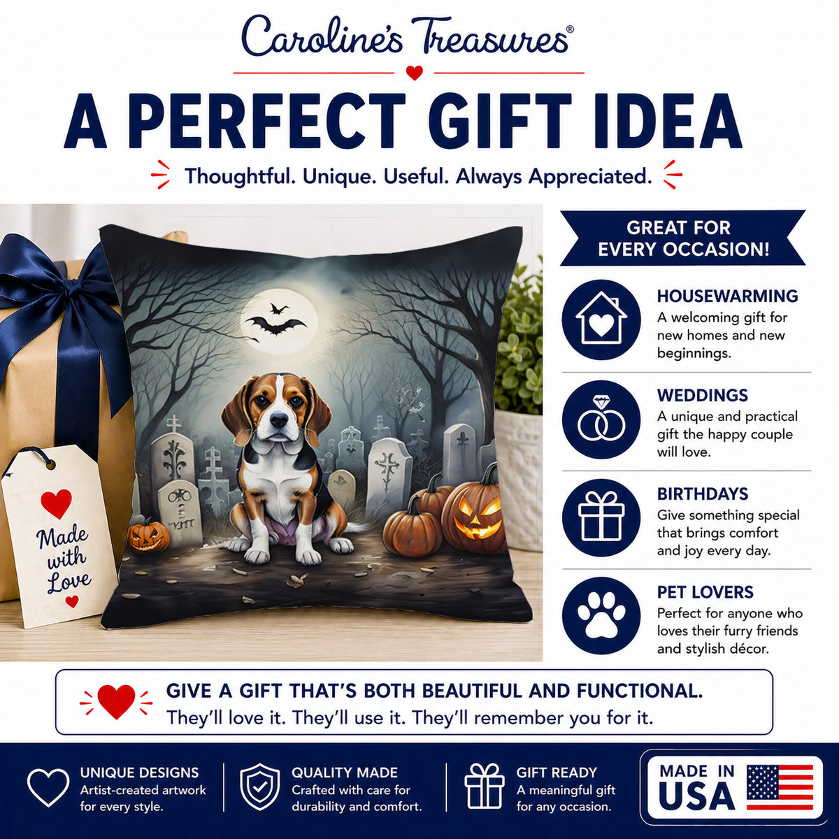 Caroline's Treasures DAC2011PW1414 Beagle Spooky Halloween Fabric Decorative Pillow Machine Washable, Indoor Outdoor Decorative Pillow for Couch, Bed or Patio, 14Hx14W