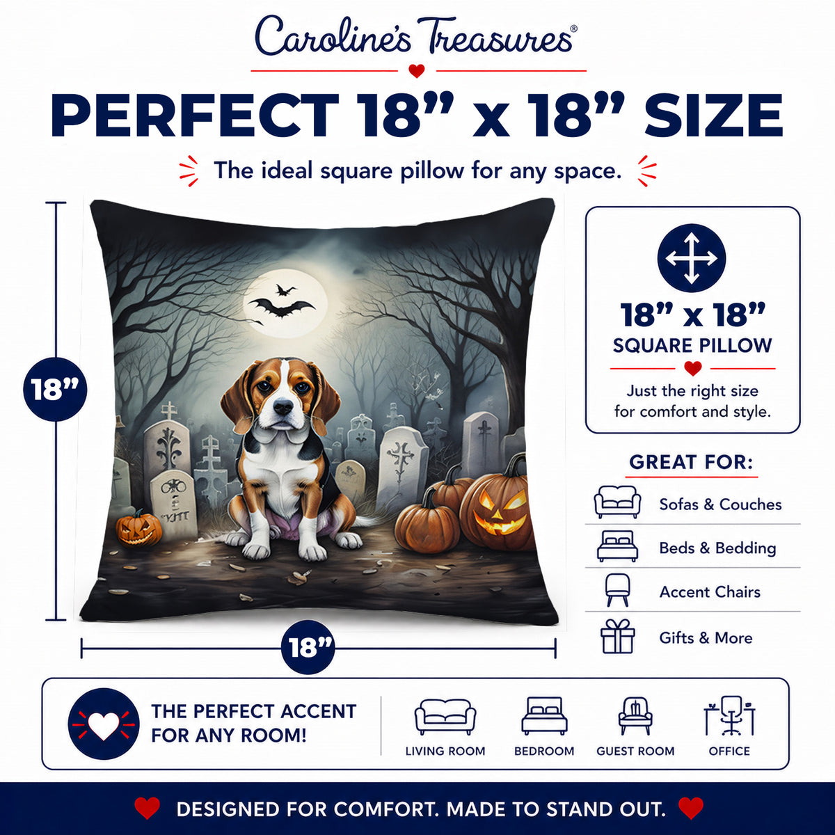 Caroline's Treasures DAC2011PW1818 Beagle Spooky Halloween Fabric Decorative Pillow Machine Washable, Indoor Outdoor Decorative Pillow for Couch, Bed or Patio, 18Hx18W