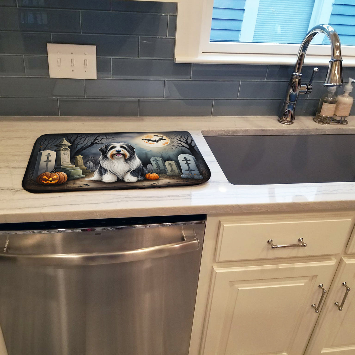 Caroline's Treasures DAC2012DDM Bearded Collie Spooky Halloween Dish Drying Mat Absorbent Dish Drying Mat Pad for Kitchen Counter Dish Drainer Mat for Countertop, 14 x 21, Multicolor