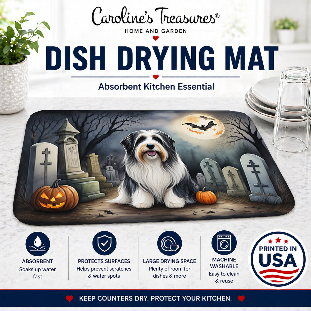 Caroline's Treasures DAC2012DDM Bearded Collie Spooky Halloween Dish Drying Mat Absorbent Dish Drying Mat Pad for Kitchen Counter Dish Drainer Mat for Countertop, 14 x 21, Multicolor