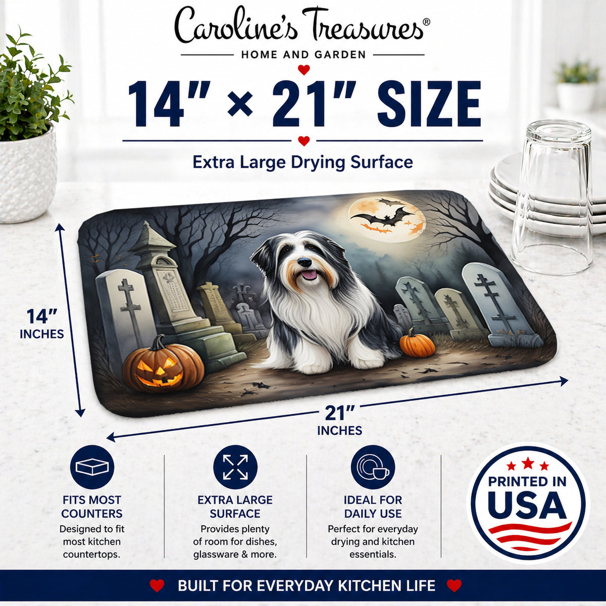 Caroline's Treasures DAC2012DDM Bearded Collie Spooky Halloween Dish Drying Mat Absorbent Dish Drying Mat Pad for Kitchen Counter Dish Drainer Mat for Countertop, 14 x 21, Multicolor