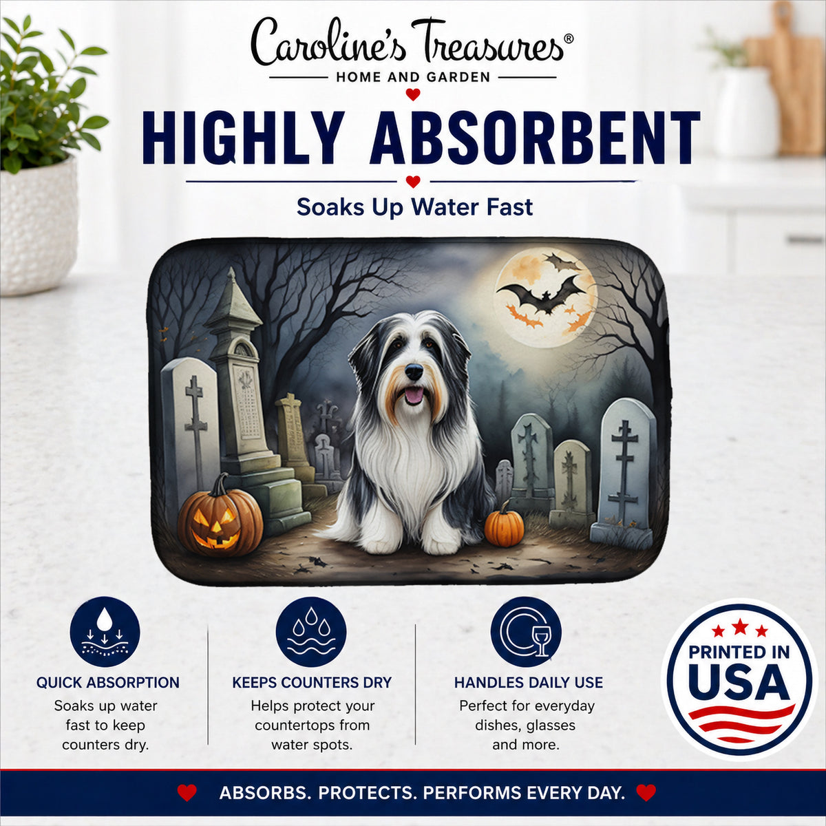 Caroline's Treasures DAC2012DDM Bearded Collie Spooky Halloween Dish Drying Mat Absorbent Dish Drying Mat Pad for Kitchen Counter Dish Drainer Mat for Countertop, 14 x 21, Multicolor
