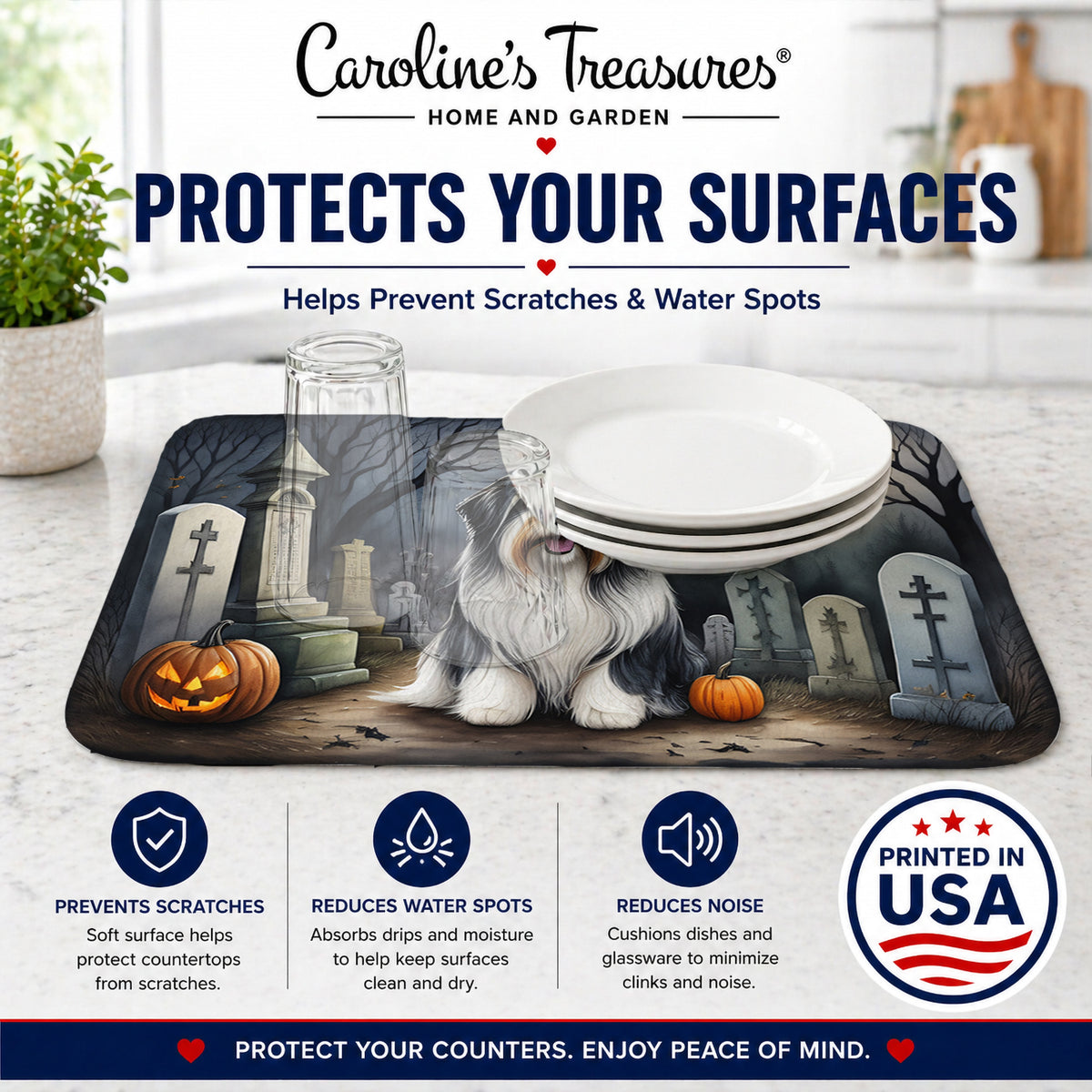 Caroline's Treasures DAC2012DDM Bearded Collie Spooky Halloween Dish Drying Mat Absorbent Dish Drying Mat Pad for Kitchen Counter Dish Drainer Mat for Countertop, 14 x 21, Multicolor