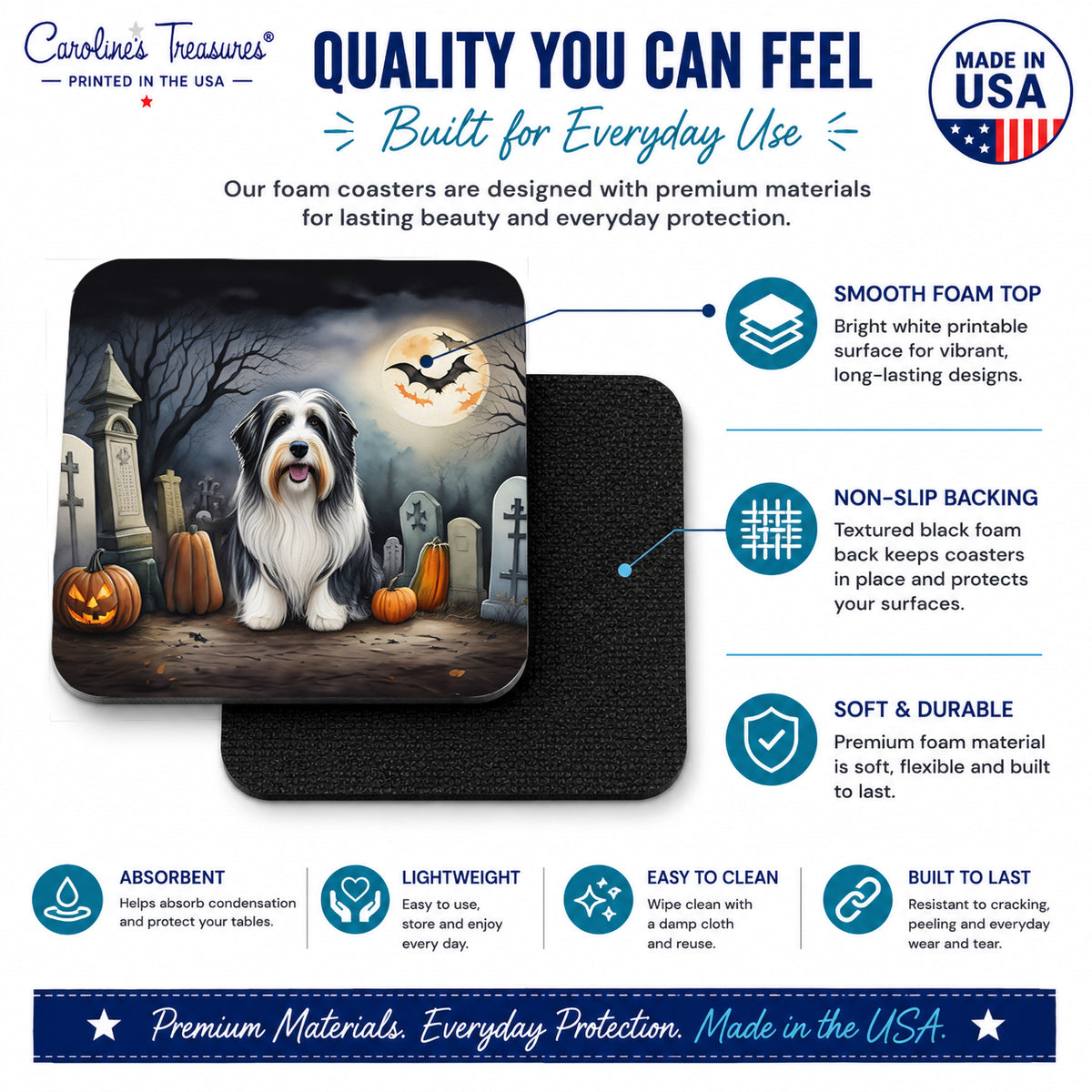 Caroline's Treasures Bearded Collie Dogs Foam Drink Coasters Set of 4