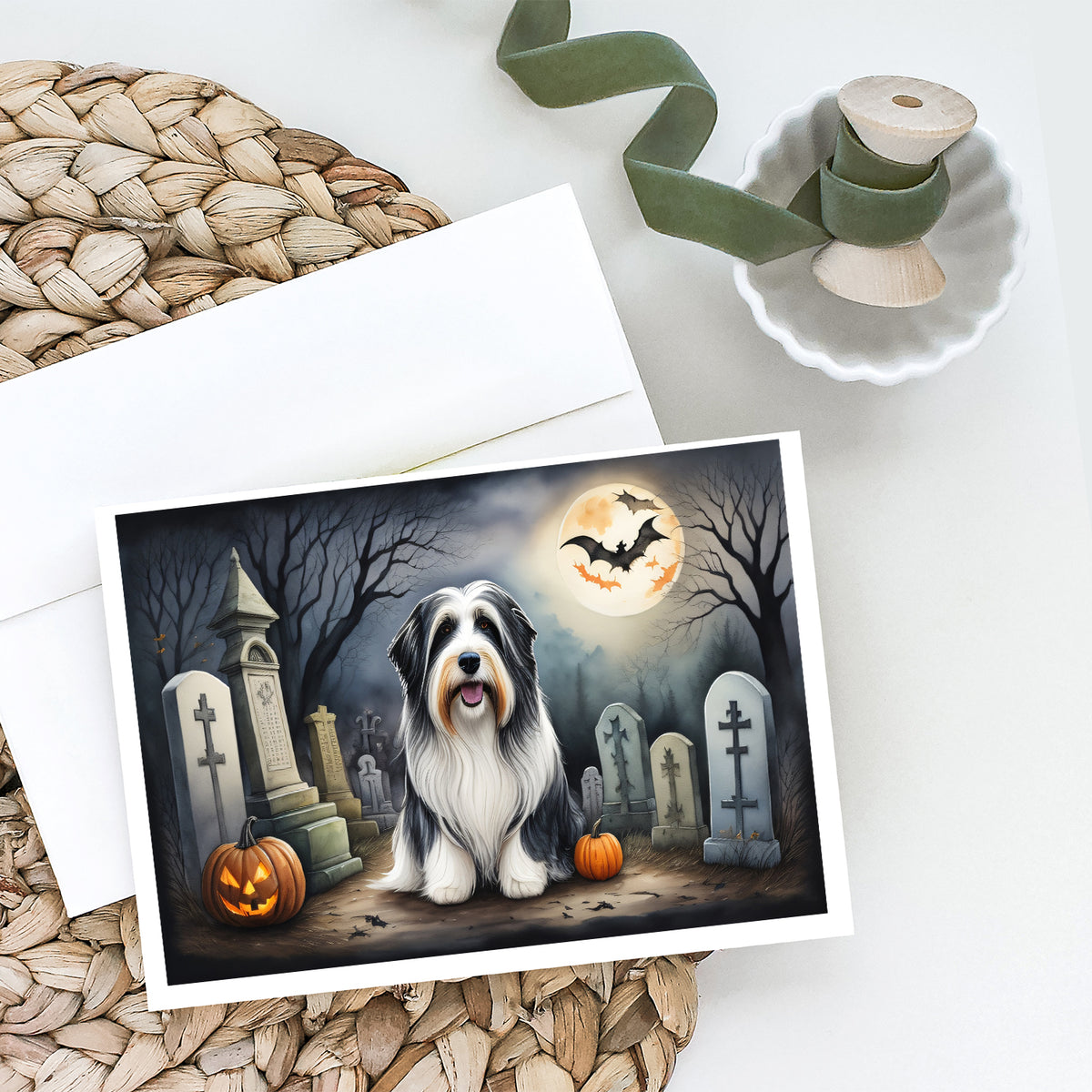 Caroline's Treasures DAC2012GCA7P Bearded Collie Spooky Halloween Greeting Cards and Envelopes Pack of 8 Blank Cards with Envelopes Whimsical A7 Size 5x7 Blank Greeting Cards