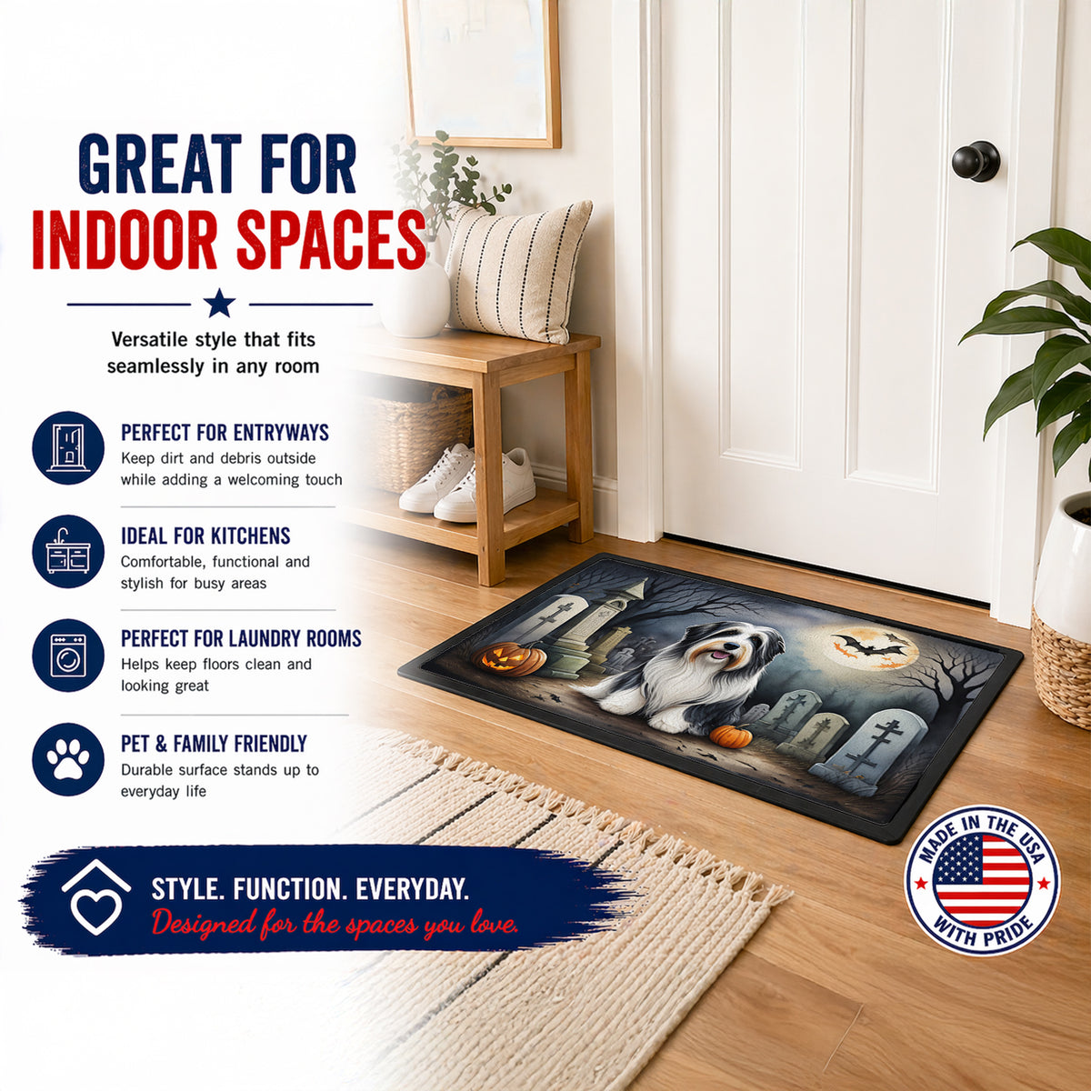 Caroline's Treasures DAC2012JMAT Bearded Collie Spooky Halloween Indoor or Outdoor Mat 24x36 Front Door Mat Indoor Outdoor Rugs for Entryway, Non Slip Washable Low Pile, 24H X 36W