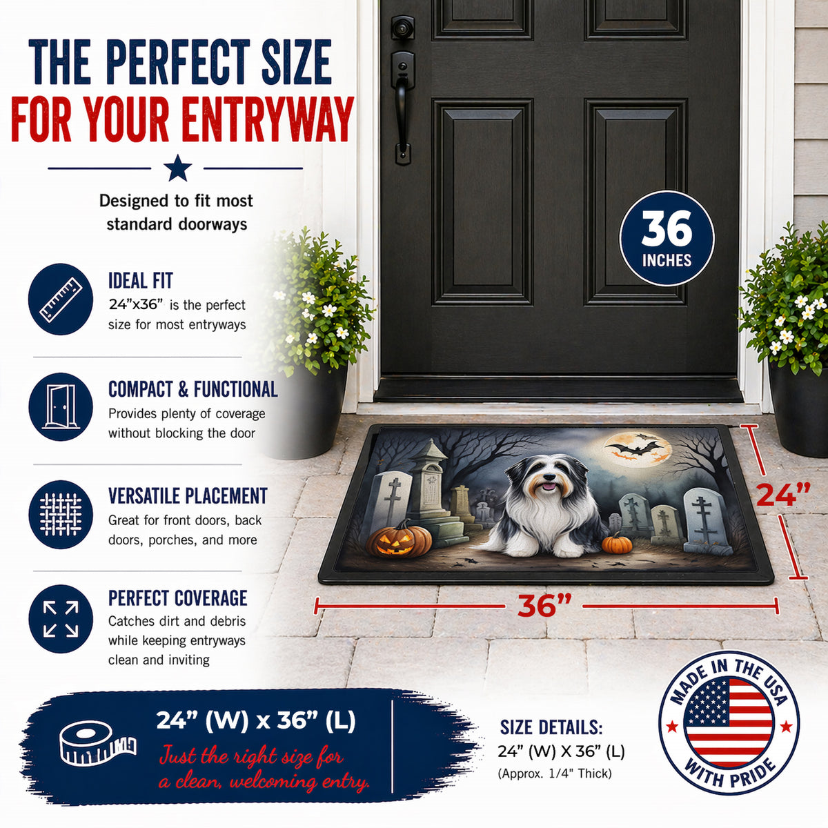 Caroline's Treasures DAC2012JMAT Bearded Collie Spooky Halloween Indoor or Outdoor Mat 24x36 Front Door Mat Indoor Outdoor Rugs for Entryway, Non Slip Washable Low Pile, 24H X 36W