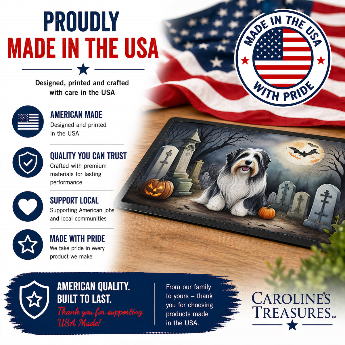 Caroline's Treasures DAC2012JMAT Bearded Collie Spooky Halloween Indoor or Outdoor Mat 24x36 Front Door Mat Indoor Outdoor Rugs for Entryway, Non Slip Washable Low Pile, 24H X 36W