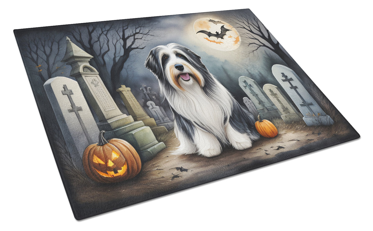 Caroline's Treasures DAC2012LCB Bearded Collie Spooky Halloween Glass Cutting Board Large Decorative Tempered Glass Kitchen Cutting and Serving Board Large Size Chopping Board