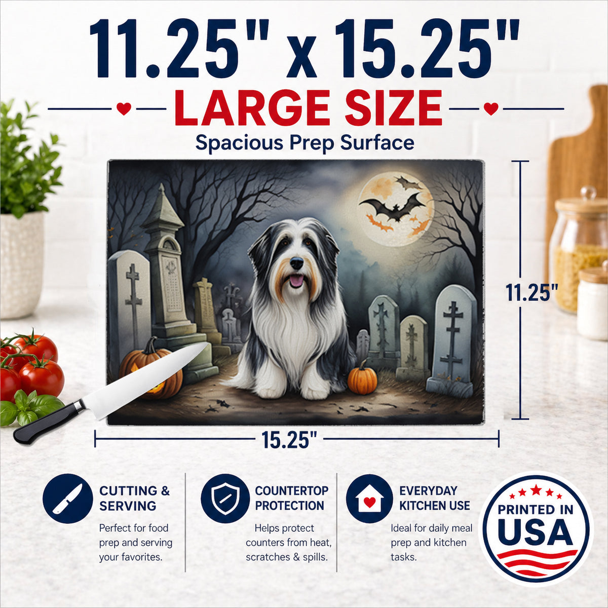 Caroline's Treasures DAC2012LCB Bearded Collie Spooky Halloween Glass Cutting Board Large Decorative Tempered Glass Kitchen Cutting and Serving Board Large Size Chopping Board